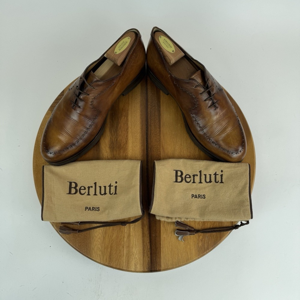 Mens Berluti Brown Burnished Leather Eyelet Dress Shoes Oxfords Size 10.5 D - Picture 8 of 9